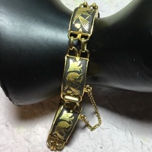 Damascene 6 Link Bracelet 7”L Real Gold Inlay Birds Scrolling Foliage EVC